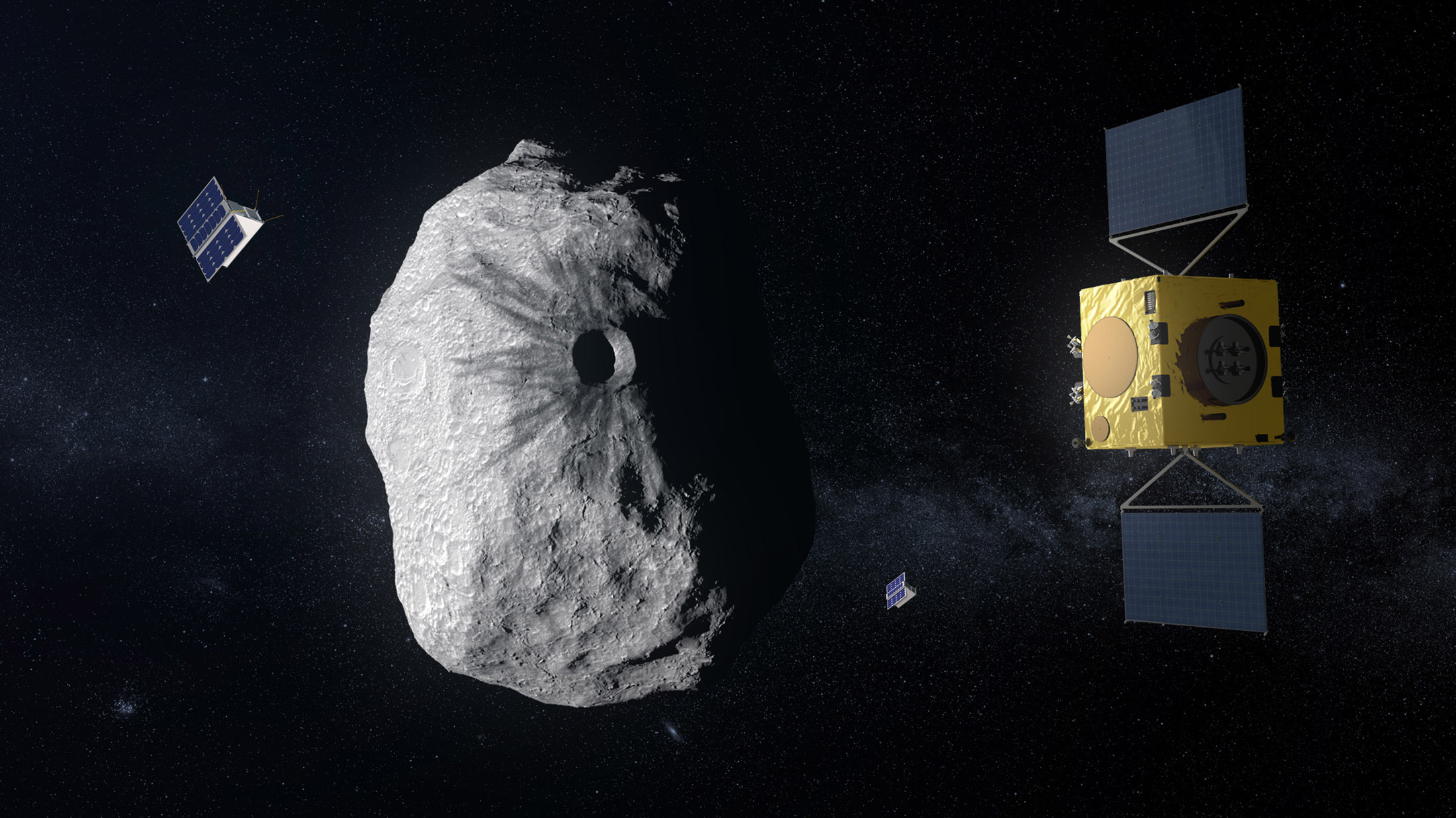 Vue d'artiste de la sonde Hera à proximité de l'astéroïde binaire Didymos et de sa petite lune (Didymoon).&nbsp;© ESA,&nbsp;Science Office