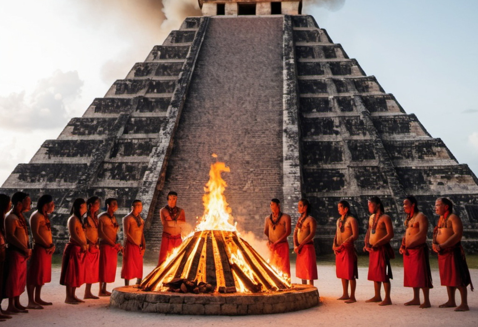 Image générée par une intelligence artificielle d’un rituel réalisé au pied d’une pyramide maya. © OpenArt.ai