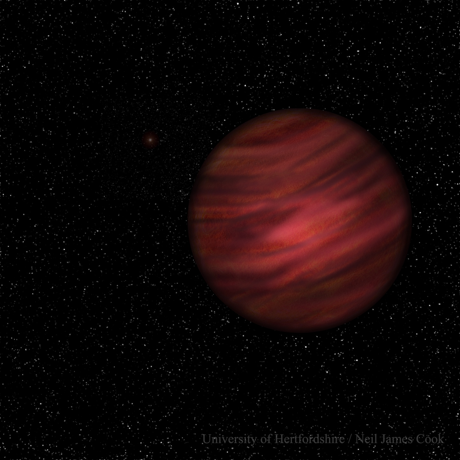 Illustration de l’objet&nbsp;2MASS J2126, situé à 104 années-lumière de la Terre. Avec une masse comprise entre 11,6 et 15 fois celle de Jupiter, l’astre est juste à la frontière entre planète et naine brune. © University of Hertfordshire, Neil Cook