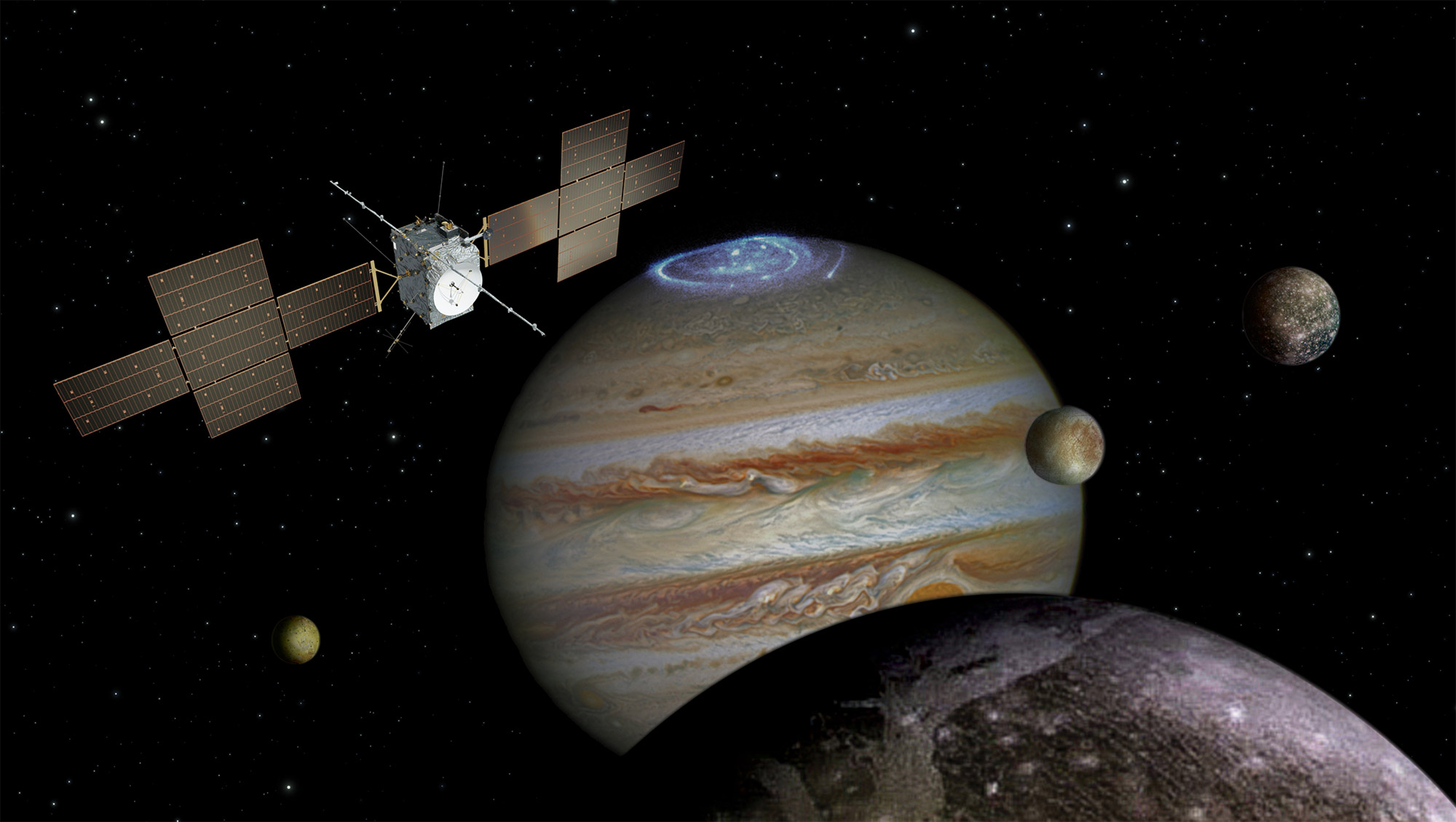 Après la formidable aventure des sondes Voyager, l'exceptionnelle mission de Galileo et en attendant Juno, Juice sera la quatrième sonde à s'intéresser à Jupiter et certains de ses satellites. © ESA, AOES