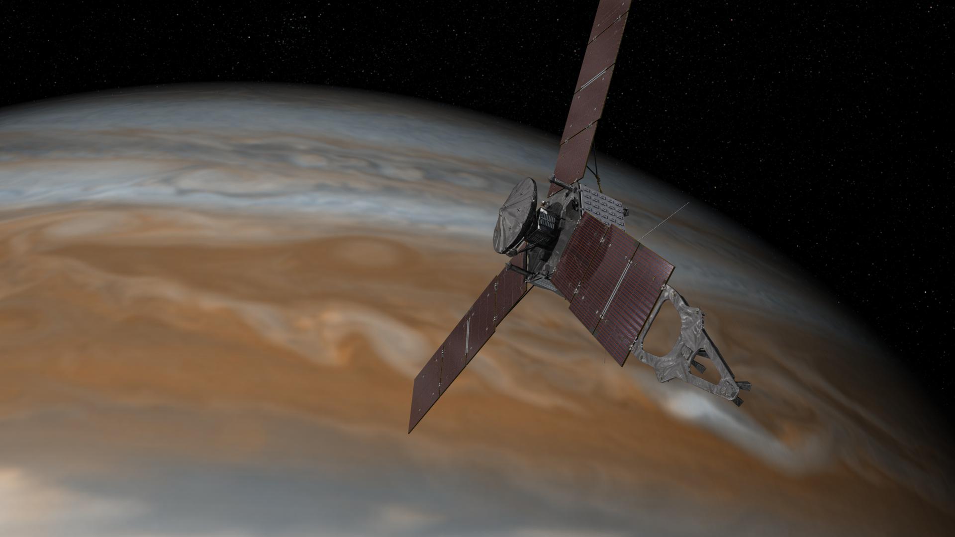 Vue d’artiste de Juno dans la banlieue de Jupiter. Après cinq années de voyage, la sonde devrait s’insérer en orbite autour de la géante gazeuse, le 4 juillet prochain. © Nasa, JPL-Caltech