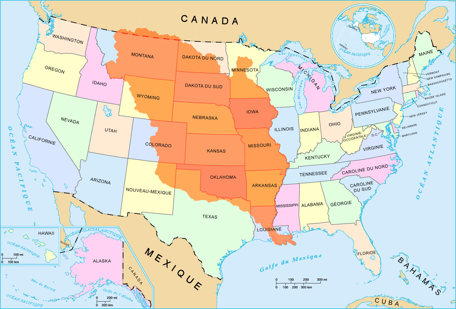 La vente de la Louisiane aux États-Unis, en 1803, concernait un immense territoire (en orange sur la carte), appartenant alors à la France. © Wikigraphists, Wikimedia Commons, cc by sa 3.0