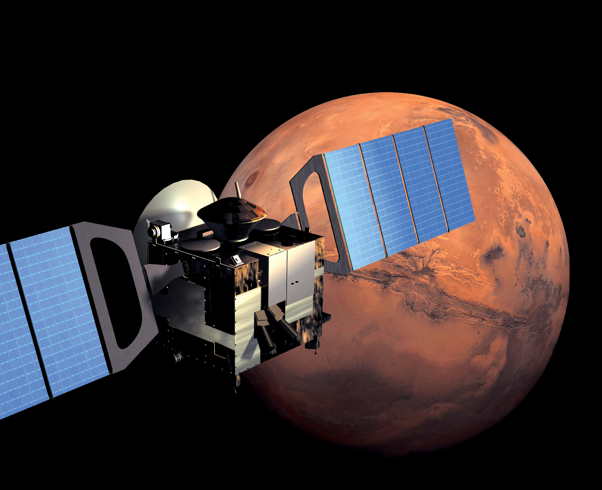 Vue d'artiste de Mars Express&nbsp;en orbite autour de la Planète rouge. © ESA