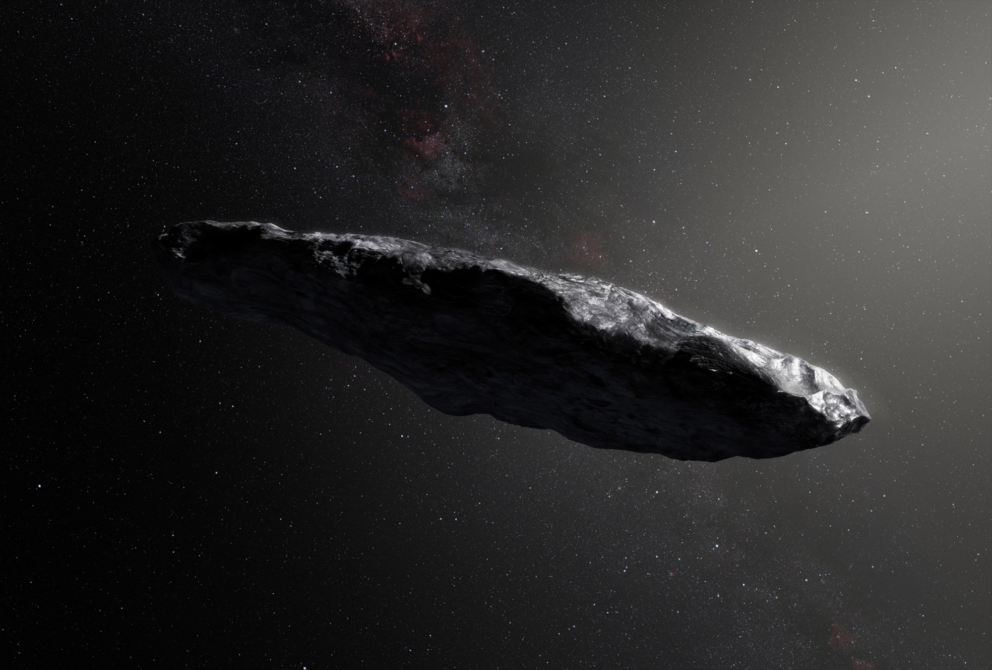 1I/2017 U1 (`Oumuamua) est le premier objet interstellaire découvert par l'humanité. Il a été observé pour la première fois (et donc découvert) le 18 octobre 2017 lors de sondages réalisés par les télescopes PanStarrs 1, installés sur l'Haleakala, à Hawaï. L'équipe du projet Lyra étudie les possibilités d'y envoyer&nbsp;une sonde. ©&nbsp;M. Kornmesser, ESO