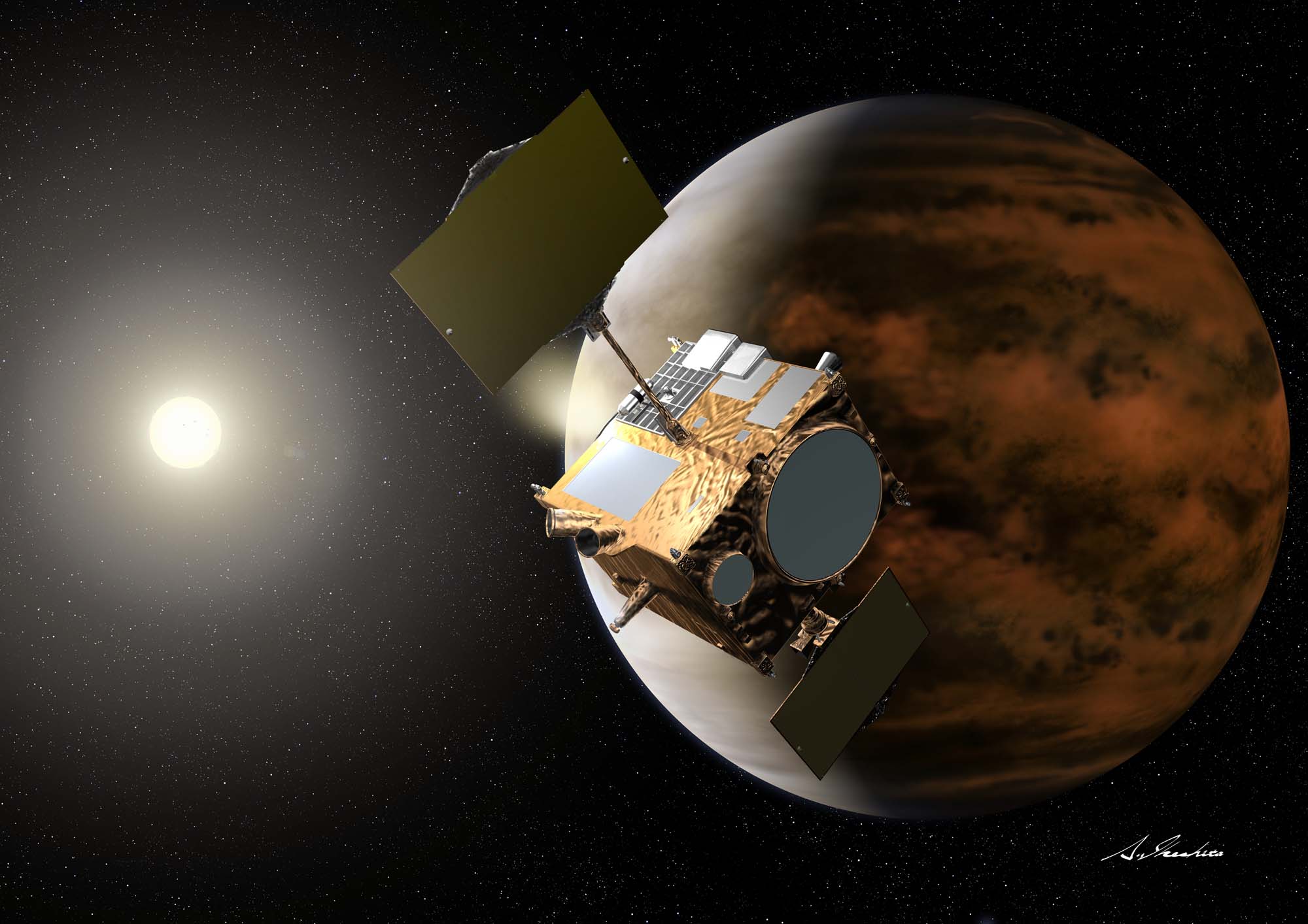Vue d’artiste de la sonde Planet-C, ou Venus Climate Orbiter, alias Akatsuki. Lancée en mai 2010, elle s’est finalement insérée en orbite autour de Vénus le 7 décembre 2015 après une malencontreuse errance de 5 ans autour du Soleil. © Jaxa