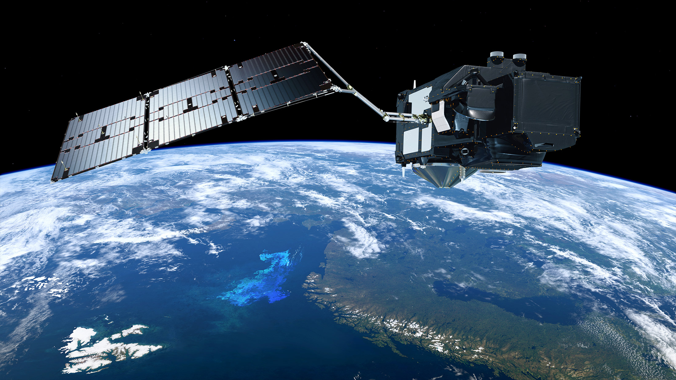 Vue d'artiste d'un satellite Sentinel 3 du programme Copernicus de la Commission européenne. © ESA, ATG medialab