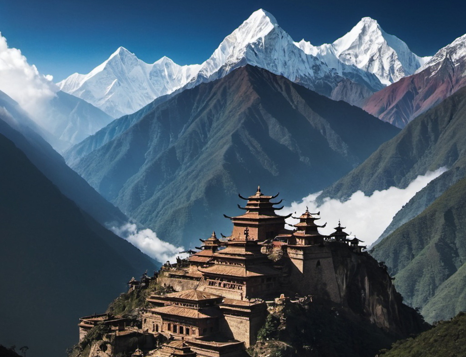 Image générée par intelligence artificielle d’une cité perdue dans l’Himalaya. © OpenArt.ai