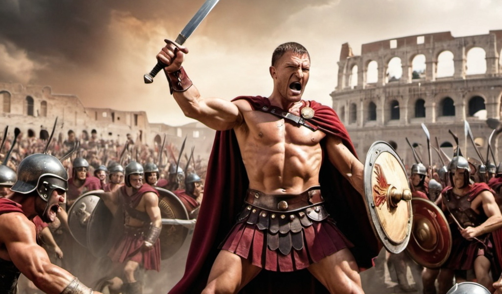 Image générée par intelligence artificielle du gladiateur Spartacus combattant des soldats romains. © OpenArt.ai