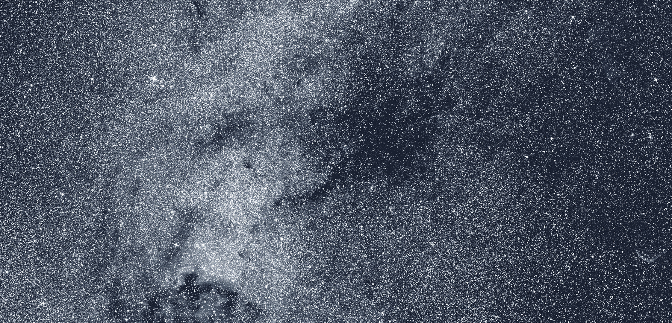 Ce détail du panorama nord du Tess présente une région de la constellation du Cygne. Au centre, la nébuleuse sombre tentaculaire Le Gentil 3, vaste nuage de poussière interstellaire, obscurcit la lumière d'étoiles plus éloignées. Une vrille proéminente s'étendant vers le bas, à gauche, pointe vers la brillante nébuleuse de l'Amérique du Nord, gaz incandescent ainsi nommé pour sa ressemblance avec le continent. © Nasa, MIT, Tess et Ethan Kruse (USRA).