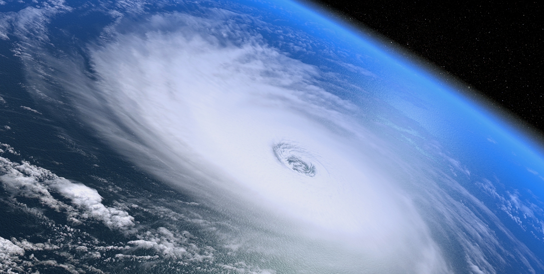 Un cyclone tropical vu de l'espace. Cette masse d'air tournante engendre des vents très puissants et représente une énergie colossale. Pourquoi ne pas tenter d'en extraire une minuscule partie ? © 3dmotus, Shutterstock