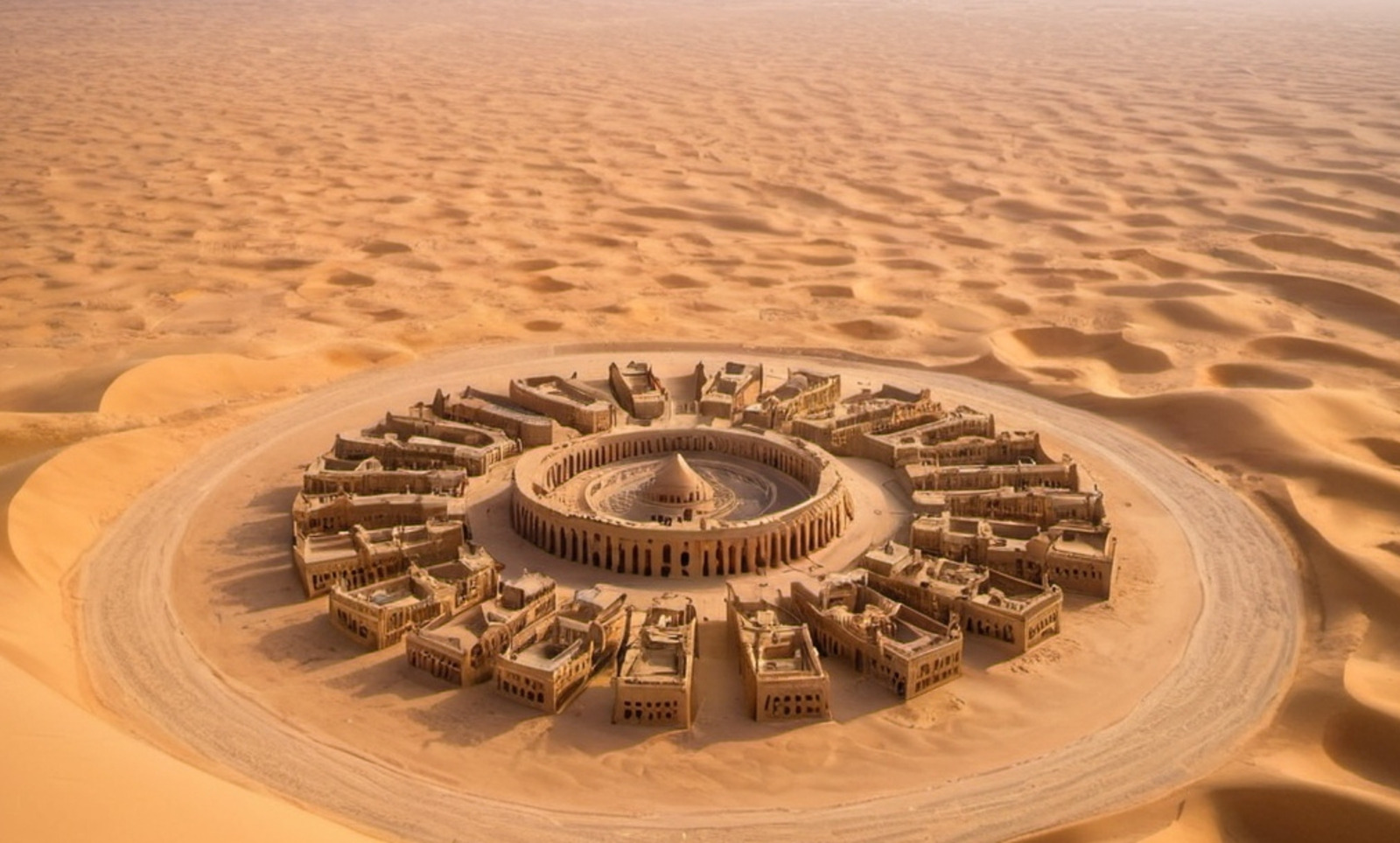 Image générée par intelligence artificielle d’une cité antique au cœur du desert Rub’ al Khali. © OpenArt.ai