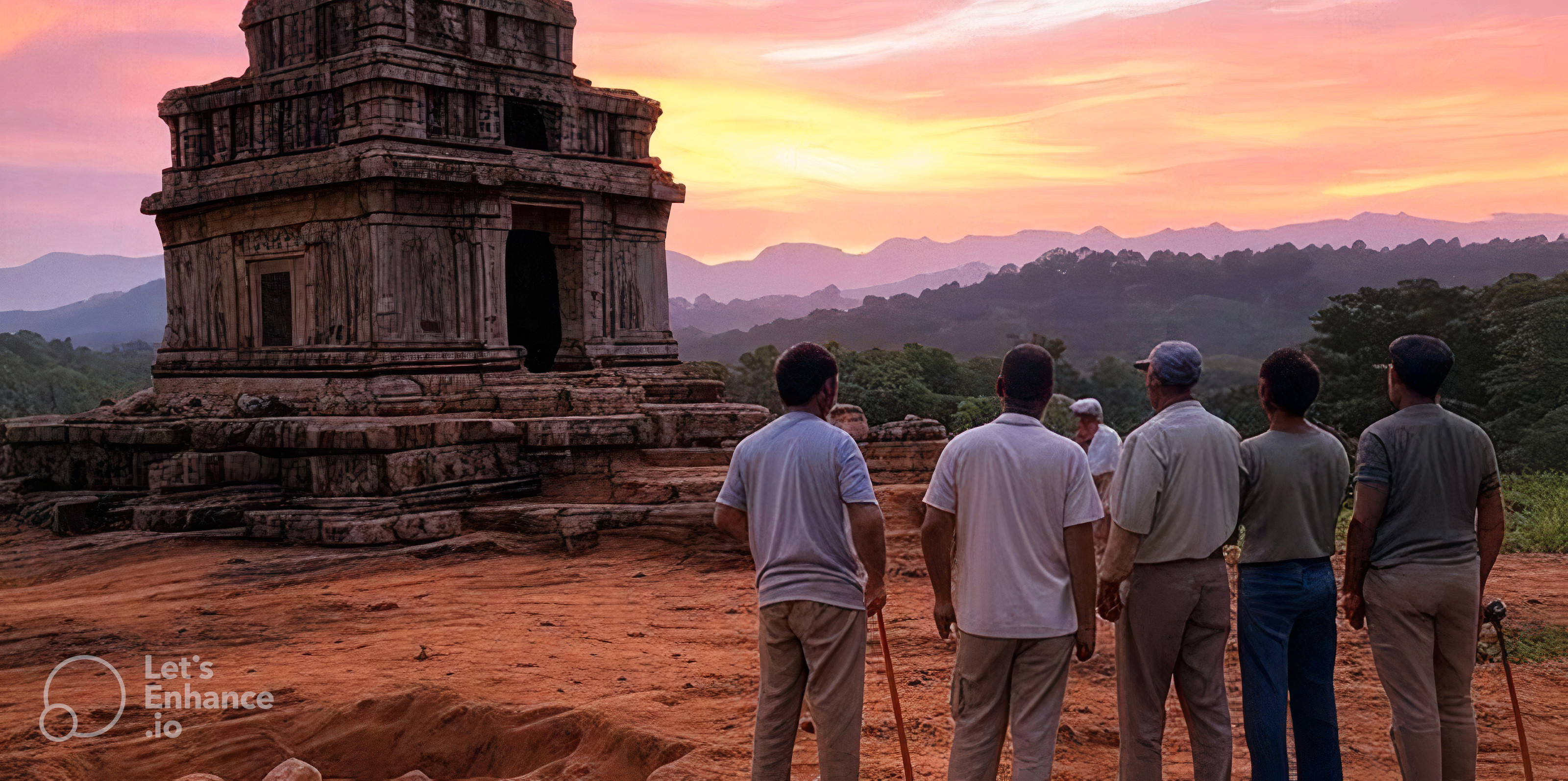 Image générée par intelligence artificielle d'une équipe d'archéologues se tenant devant un temple antique. © Généré avec l'outil Grok