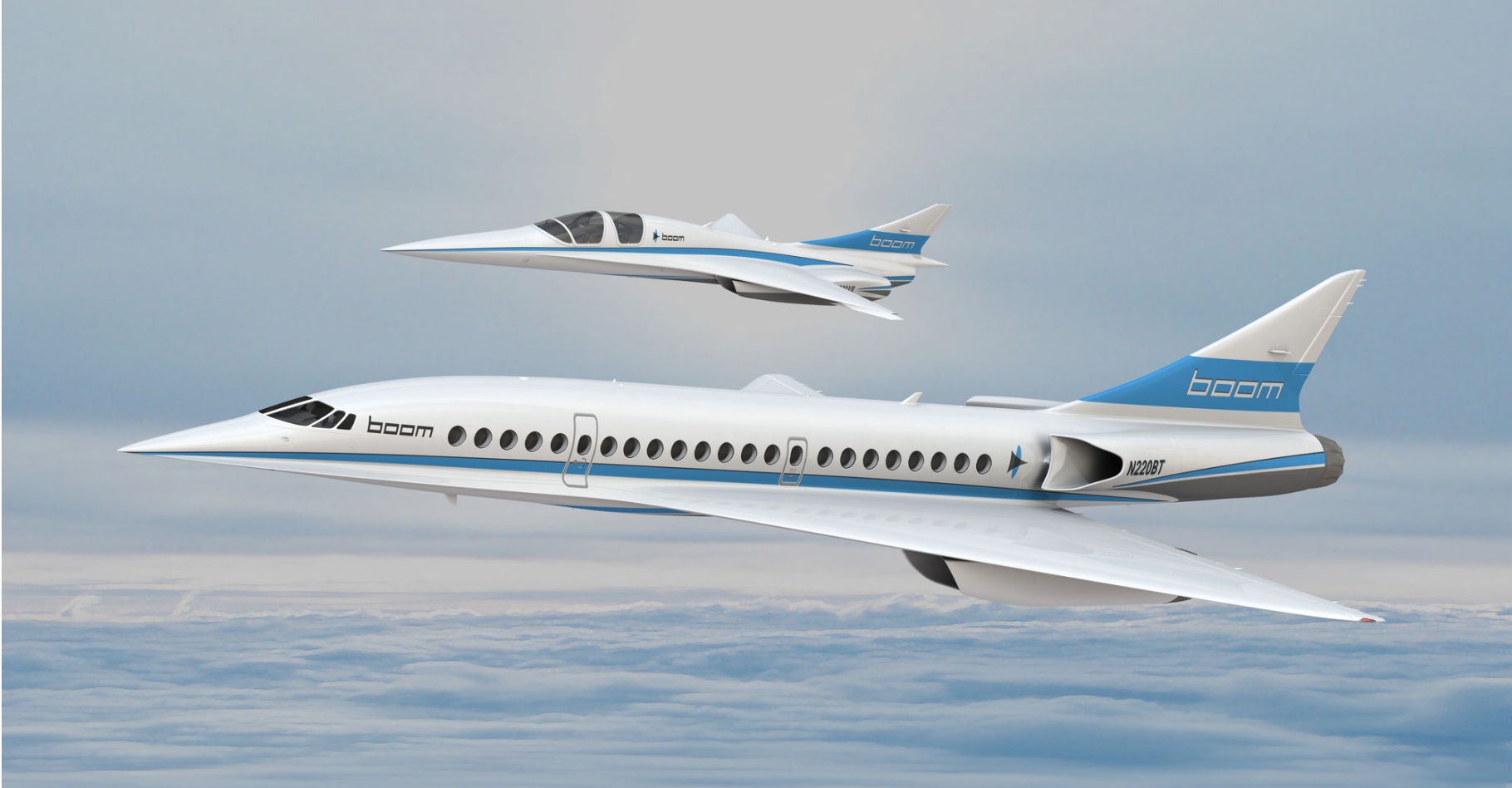 Le projet d'avion supersonique de l'entreprise américaine Boom, qui pourrait transporter une cinquantaine de passagers à Mach 2,2. Au-dessus de lui, le démonstrateur XB1, qui pourrait voler fin 2017. © Boom