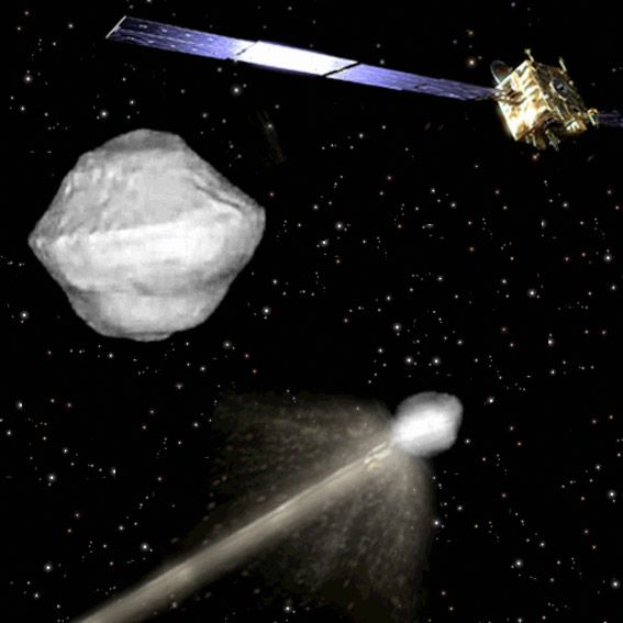 Lors de la mission Aida, le satellite AIM surveillera l'astéroïde et les conséquences de l'impact sur sa structure interne et son orbite. © Esa