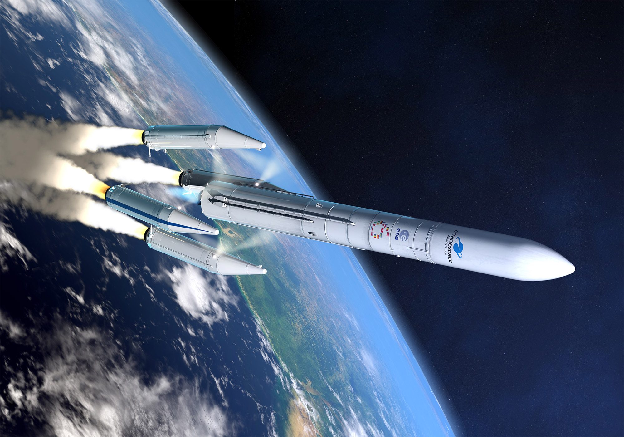 La version à quatre boosters de l'Ariane 6. Capable d'emporter deux satellites, elle se destine à l'orbite géostationnaire et ses satellites commerciaux ouverts à la concurrence. © ArianeGroup