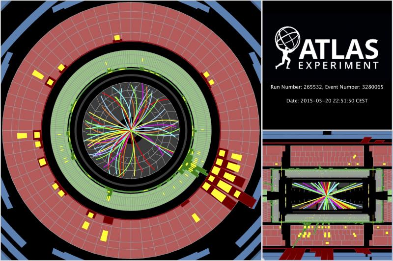 Avec le LHC, les physiciens explorent les mystères de l'infiniment petit mais aussi ceux de l'infiniment grand. En effet, le Grand collisionneur de hadrons découvrira peut-être des particules de matière noire. On voit ici des collisions à 13 TeV dans le détecteur Atlas du LHC avec les trajectoires des particules produites courbées par un champ magnétique. Un nouveau record en énergie a été atteint. © Cern