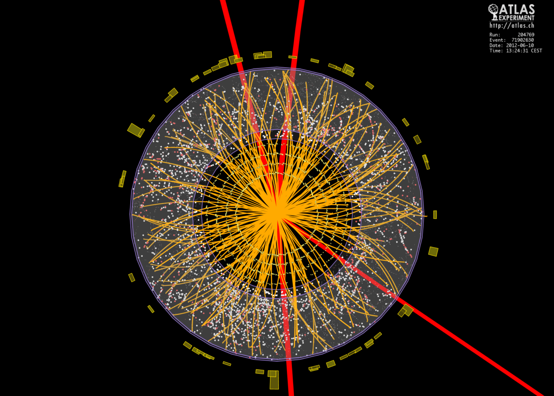 Cette image montre, reconstituée à l'ordinateur après filtrage de bien des évènements parasites, la désintégration d'un boson de Brout-Englert-Higgs au cœur du détecteur Atlas du LHC. Le boson a donné quatre particules chargées, des muons dont les trajectoires ont été colorées en rouge. © Cern, Collaboration Atlas