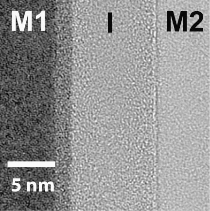 Une vue de l'assemblage de deux métaux, M1 et M2, accolés à un isolant I, au microscope électronique. L'ensemble permet de constituer une diode Métal-Isolant-Métal (MIM). Ce genre de composant est prometteur pour l'électronique du futur. On vient d'en fabriquer des variantes sous le nom de MIIM. © Oregon State University