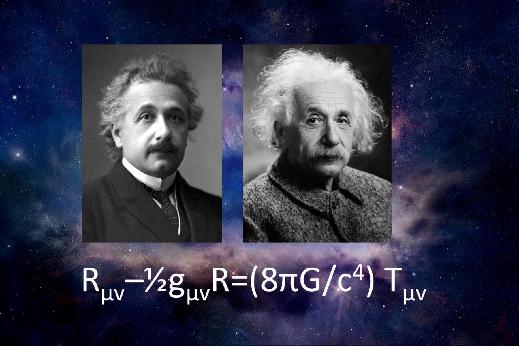 Albert Einstein et le système d'équations aux dérivées partielles non linéaires de la théorie de la relativité générale. Le membre de gauche décrit la courbure de l'espace-temps alors que le membre de droite décrit les distributions d'impulsions et d'énergies, que ce soit la matière, la lumière ou l'énergie noire. © Nasa, Nobel Foundation, Oren Jack Turner&nbsp;