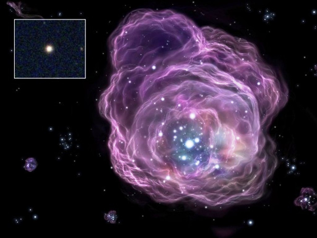 En haut à gauche on peut voir une image dans le visble de l'étoile SDSS J0018-0939, obtenue par le&nbsp;Sloan Digital Sky Survey. Il s'agit d'une étoile avec une masse de presque la moitié de celle du Soleil à environ&nbsp;1.000 années-lumière de nous,&nbsp;en direction de la constellation de la Baleine. Le reste est une représentation d'artiste de la pouponnière de jeunes étoiles où est née SDSS J0018-0939. Elle devait provenir des restes d'une étoile de première génération au moins 140 fois plus massive que notre Soleil et qui avait explosé en donnant une supernova exotique. © SDSS, National Astronomical Observatory of Japan