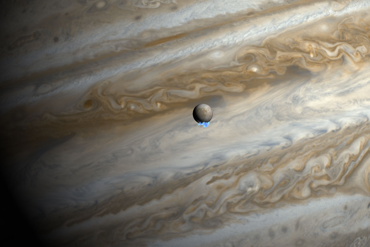 Cette vue d'artiste montre des images réelles de Jupiter et Europe dans le visible. Les images de Hubble prises dans l'ultraviolet et en fausse couleur montrent la faible émission des panaches de vapeur d'eau au pôle sud d'Europe. Elles ont été superposées en respectant la taille, mais pas la luminosité de ces panaches. © Nasa, Esa, M. Kornmesser