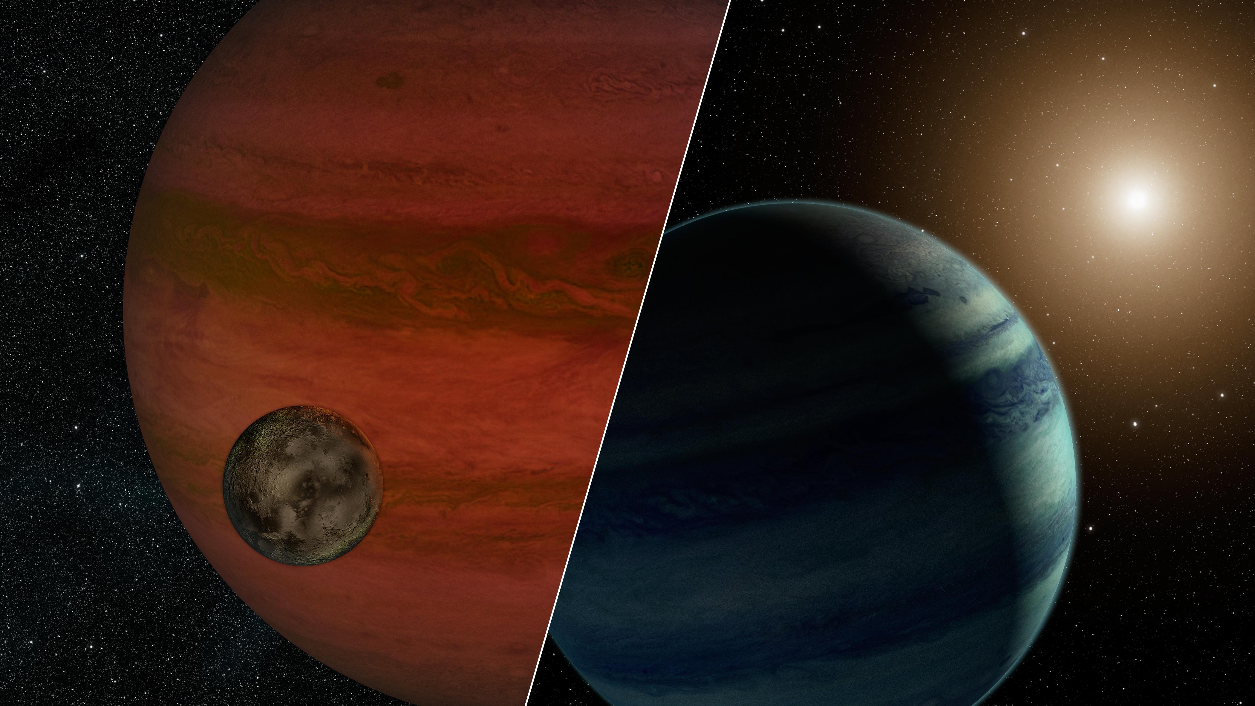 Des vues d'artistes montrant les deux hypothèses en lice pour interpréter l'effet de microlentille gravitationnelle MOA-2011-BLG-262. À gauche, une exolune autour d'une exoplanète nomade, et une exoplanète autour d'une naine rouge à droite. © Nasa