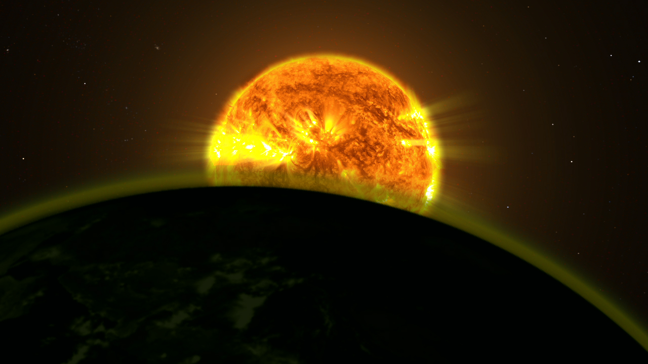Une vue d'artiste du transit d'une exoplanète devant son étoile hôte. La lumière qui passe à travers son atmosphère est partiellement absorbée par les molécules qui y sont présentes. En utilisant des méthodes spectroscopiques, on peut détecter les raies d'absorption de ces molécules et en déduire la composition chimique de l'atmosphère. Hubble a ainsi démontré la présence de molécules d'eau dans cinq exoplanètes. © Nasa