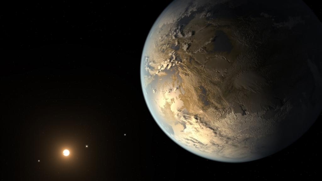 Une vue d'artiste de l'exoplanète Kepler 186f, exoterre supposée. Elle fait partie d’un système planétaire (comptant cinq planètes détectées) autour de l’étoile Kepler-186, située à quelque 500 années-lumière dans la constellation du Cygne. © Nasa Ames/Seti Institute/JPL-Caltech