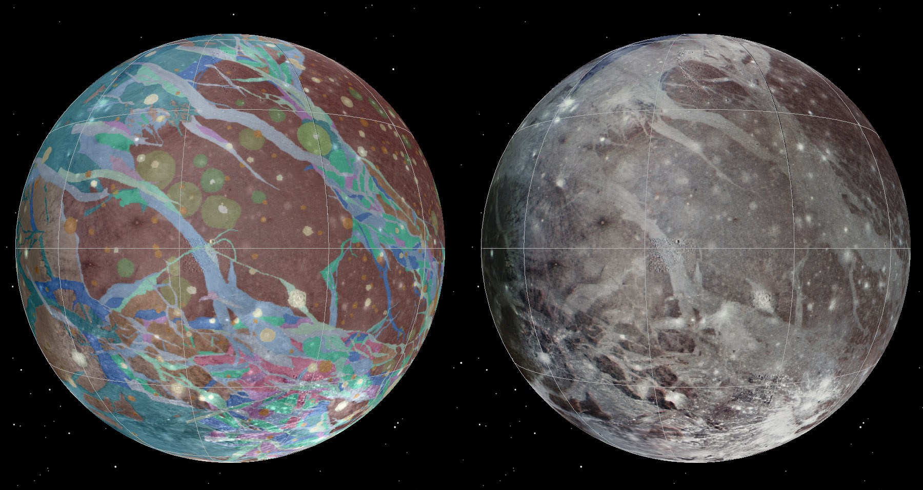 Plus gros satellite de Jupiter, la lune Ganymède est recouverte d'une surface glacée, formée et déformée par une variété de processus tectoniques, d'impacts et, peut-être, d'événements cryovolcaniques. L'histoire de Ganymède semble divisée en trois phases distinctes. À une époque précoce, il y a plus de 4 milliards d’années, dominée par des cratères d'impact, ont succédé une période marquée par de grands bouleversements tectoniques puis, finalement, une phase de repos caractérisée par une baisse progressive des flux de chaleur et de rares impacts. Les images et les données à l’origine de la première carte géologique de cette lune ont été recueillies au cours des survols de Voyager 1 et Voyager 2 (1979), ainsi que lors de la mission Galileo en orbite autour de Jupiter (1995-2003). © Nasa,USGS