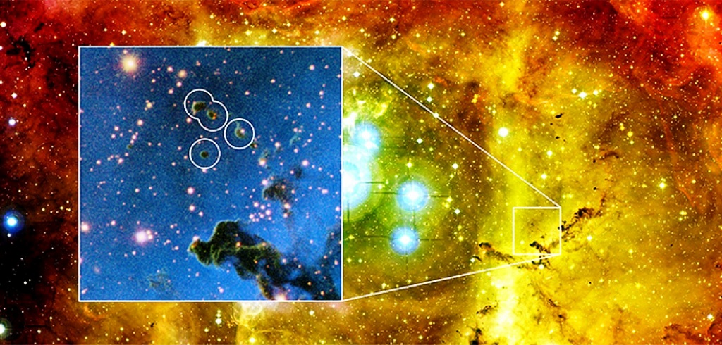 Une vue en fausses couleurs de la nébuleuse de la Rosette. Le zoom montre des globulettes dans les cercles blancs. Certaines de ces régions sont en train de s'effondrer tout en quittant la nébuleuse. Elles devraient donner naissance non à des systèmes planétaires entourant un jeune soleil, mais à des exoplanètes errant dans la Voie lactée, et qualifiées de&nbsp;nomades. © M. Mäkelä, ESO