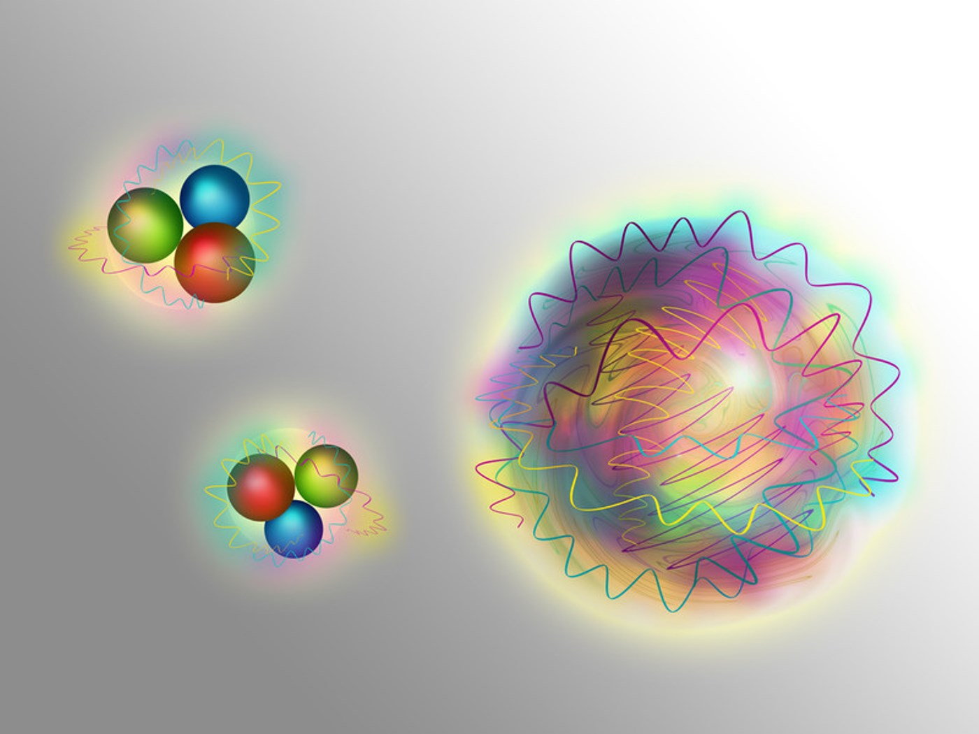 Les baryons sont composés de trois quarks (les boules colorées sur cette image d'artiste) liés par des cousins des photons décrivant la force nucléaire forte entre quarks, les gluons (représentés par des courbes ondulées). Mais ces gluons s'attirent aussi les uns les autres par cette même force, de sorte que l'on peut imaginer des particules faites uniquement de gluons : des boules de glu encore appelées glueballs en anglais. © TU Wien 