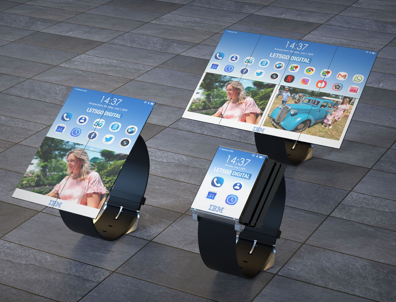 Et voici la montre 3-en-1 qui peut se transformer en smartphone ou en tablette grâce à de petits panneaux Oled. © IBM