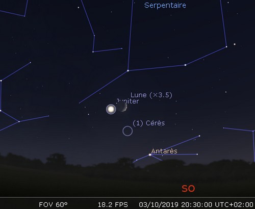 La lune en rapprochement avec Jupiter, Cérès et Antarès