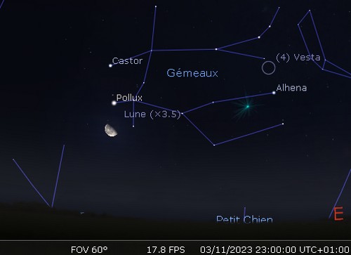 La Lune en rapprochement avec Pollux et Castor