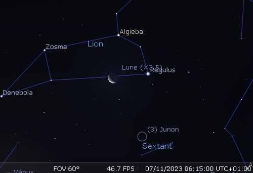La Lune en rapprochement avec Régulus et Junon