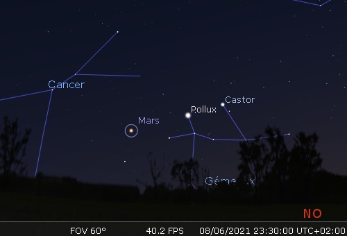 Mars, Pollux et Castor sont alignés dans le ciel