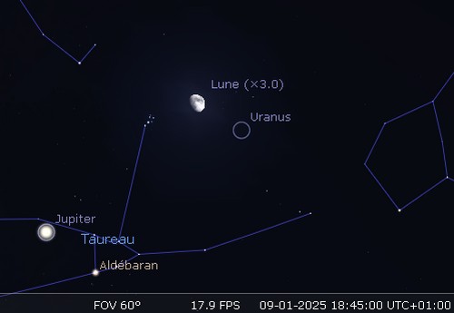 La Lune en rapprochement avec les Pléiades et Uranus