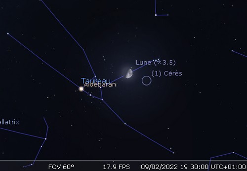 La Lune en rapprochement avec les Pléiades, Aldébaran et Cérès