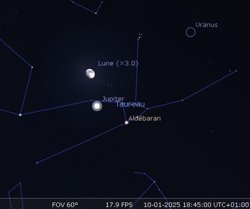 La Lune en rapprochement avec Jupiter et Aldébaran