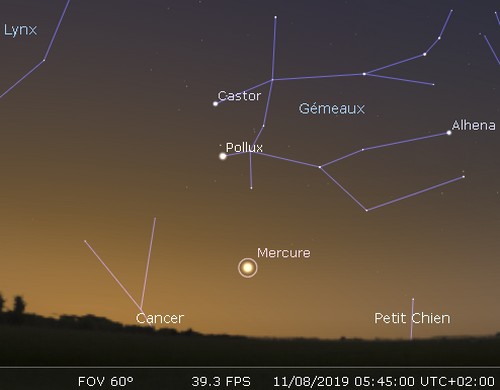 Mercure, Pollux et Castor sont alignées dans le ciel