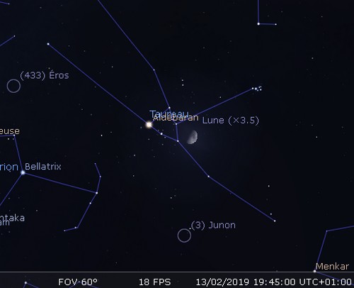 La Lune en rapprochement avec les Pléiades, Aldébaran et Junon