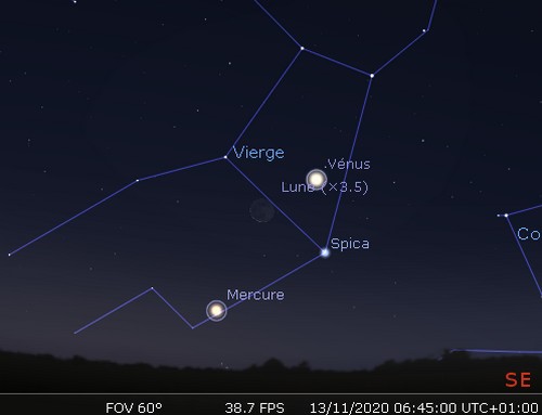 La Lune en rapprochement avec Vénus, Spica et Mercure