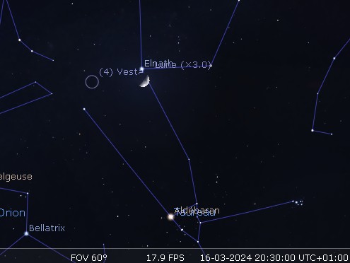 La Lune en rapprochement avec Elnath et Vesta