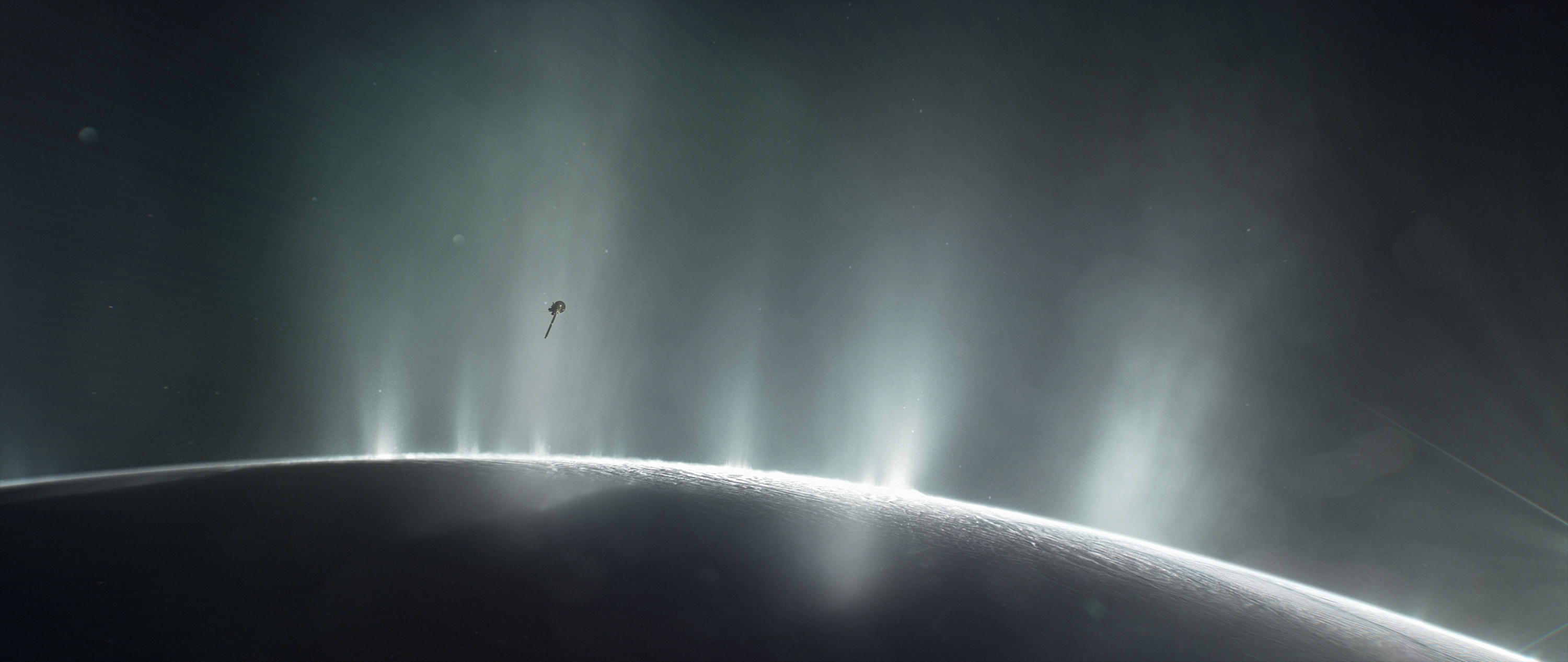 Une mission privée vers Encelade est à l'étude. Illustration de Cassini volant à travers les panaches du pôle sud d’Encelade. © Nasa, JPL-Caltech