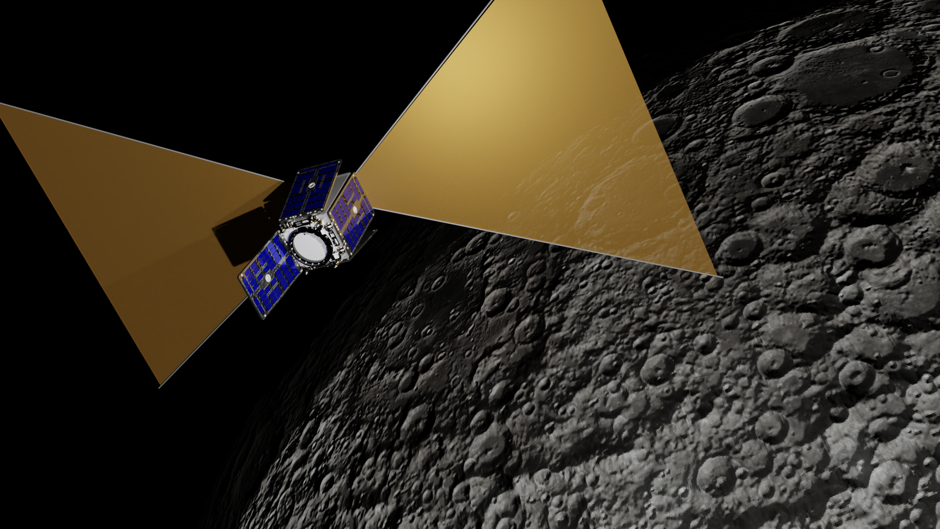 Vue d'artiste de la sonde spatiale CosmoCube, pilotée par le Royaume-Uni, qui serait placée en orbite autour de la Lune et aurait pour mission d'écouter un « chuchotement ancien » provenant de l'univers primitif, sur la face cachée de la Lune. Elle possède deux antennes triangulaires. © Nicolo Bernardini (SSTL Ltd) et Kaan Artuc (Université de Cambridge), Type de licence : Attribution (CC BY 4.0)