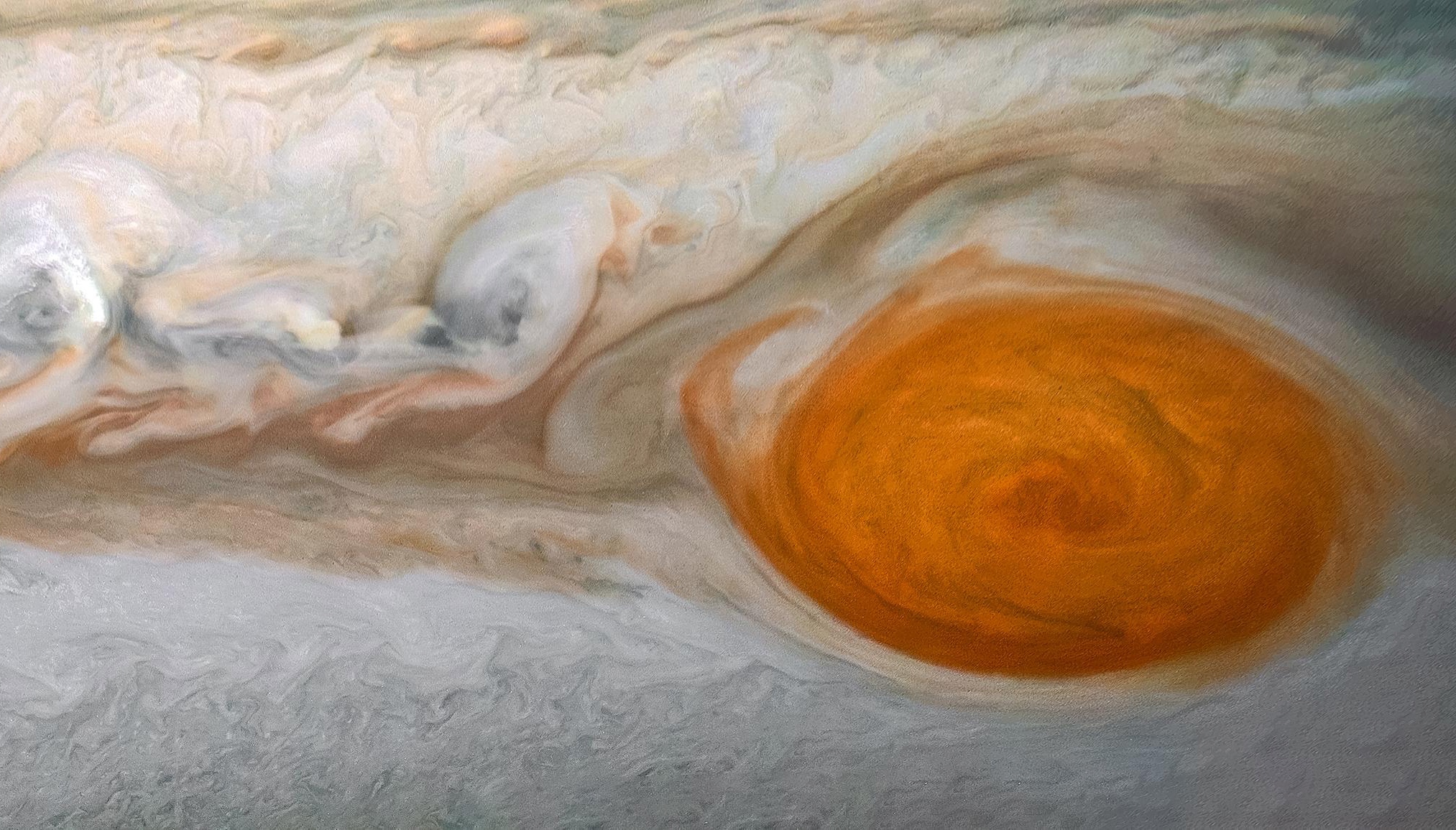 Des données du télescope spatial Hubble montrent que les vents aux limites de la Grande Tache rouge de Jupiter se sont accélérés au cours de ces dix dernières années. Photo : détails de la Grande Tache rouge de Jupiter photographiée par la sonde spatiale Juno. © Nasa, JPL-Caltech, SwRI, MSSS, Image processing by Kevin M. Gill, © CC BY
