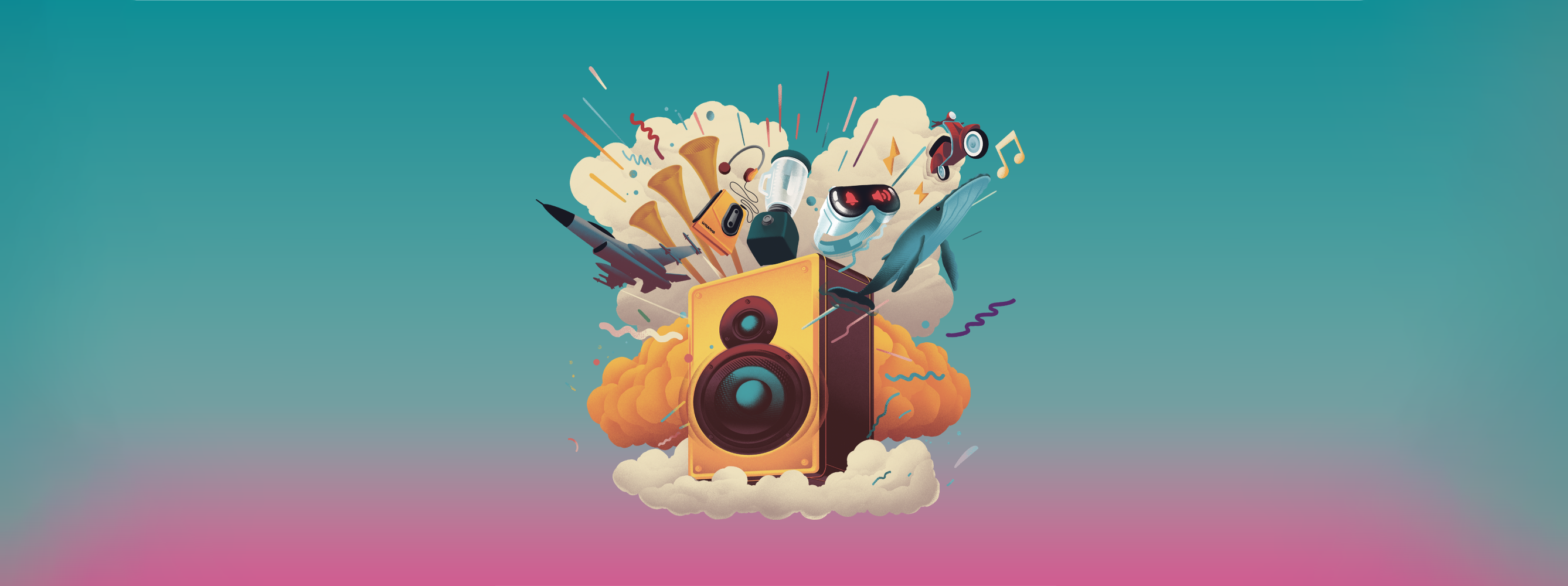 Cover du podcast INFRA : une enceinte posée sur un nuage d'où partent de nombreux objets produisant du bruit, comme dans une explosion festive © Kévin Deneufchatel, Futura