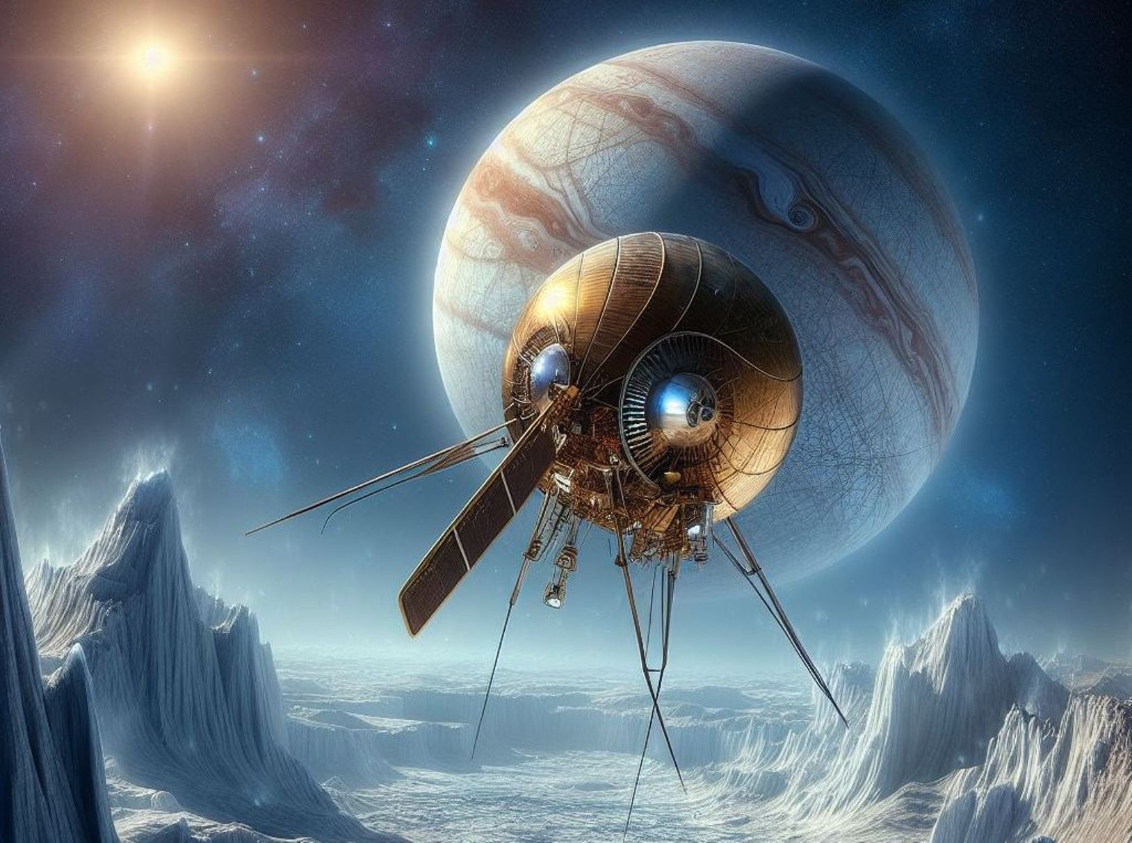 Une vue d'une sonde survolant la surface glacée d'Europe en orbite autour de Jupiter par une IA. © Illustration avec IA BING Designer, Microsoft Corporation