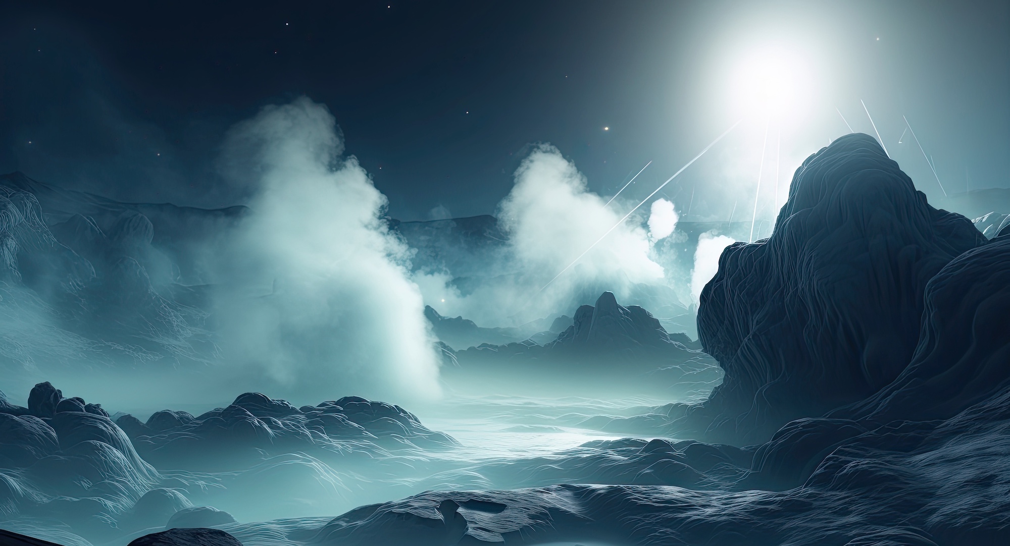 Illustration générée à l'aide d'une IA de la surface d'Encelade. © Creative Station, Adobe Stock