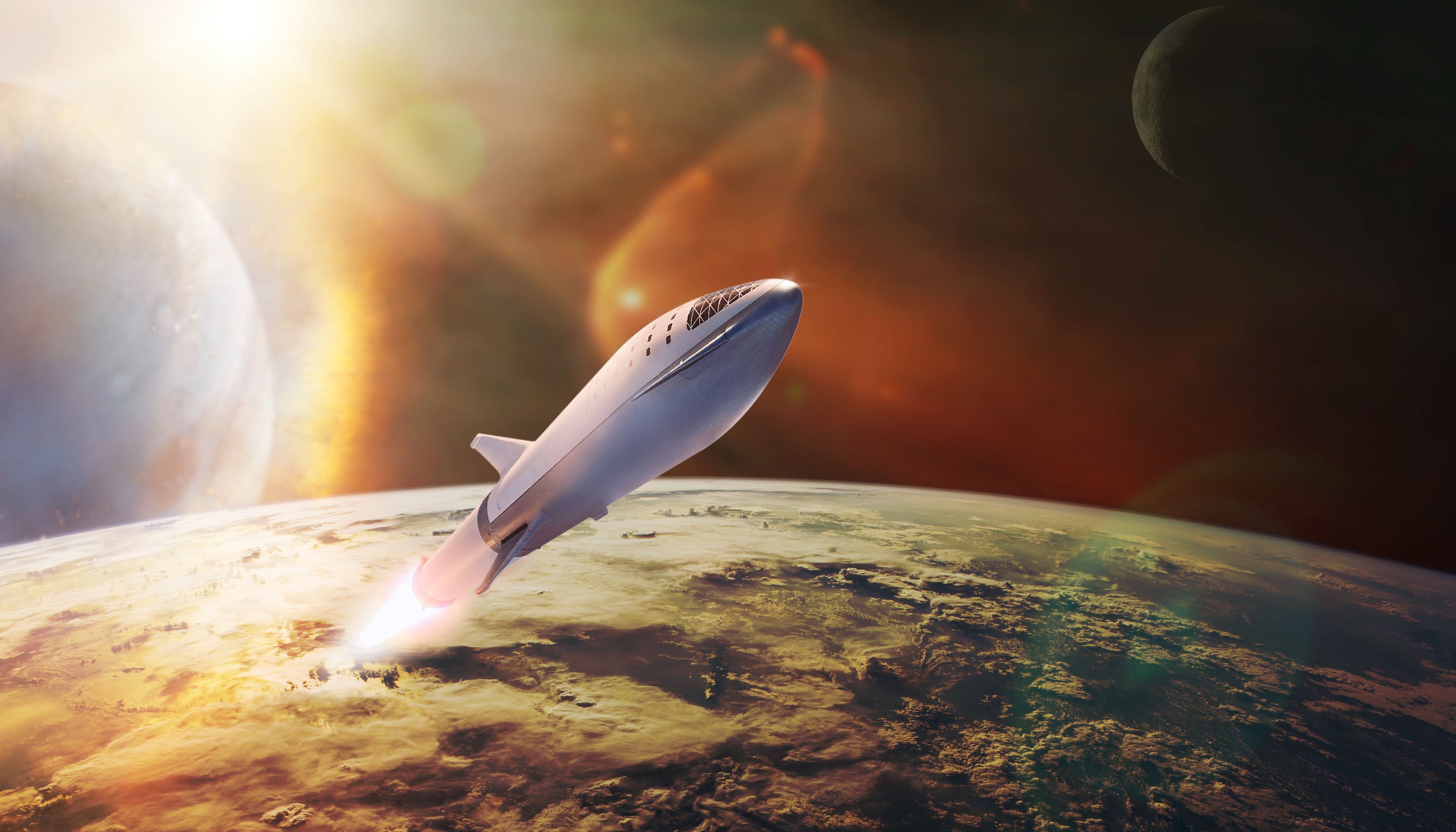 Illustration d'un Starship de SpaceX volant vers l'espace. © Paopano, Adobe Stock
